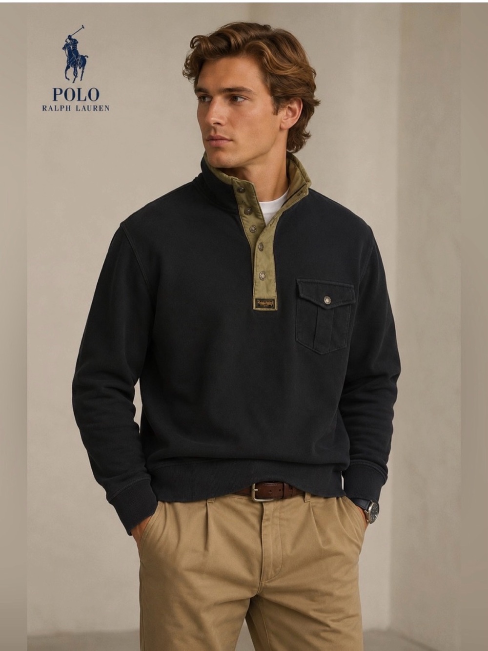Ralph Lauren Black and military green Button-Placket Top
